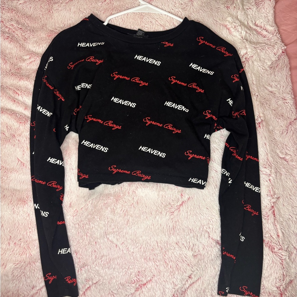 Black Long Sleeve Crop Top with Red and White Text